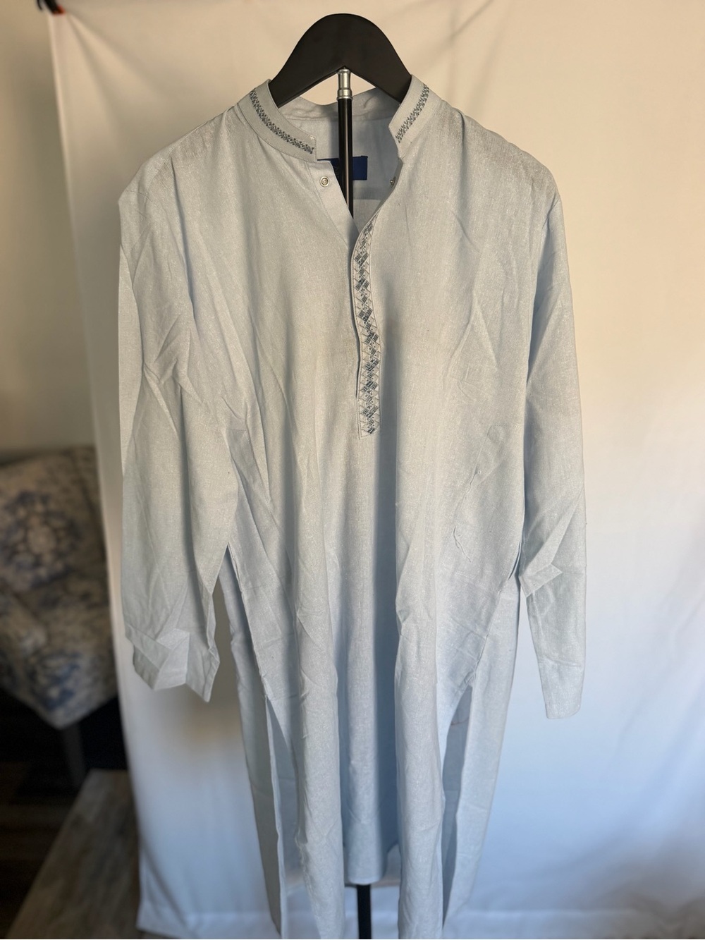 Light Blue Men’s Kaftan with Embroidered Placket